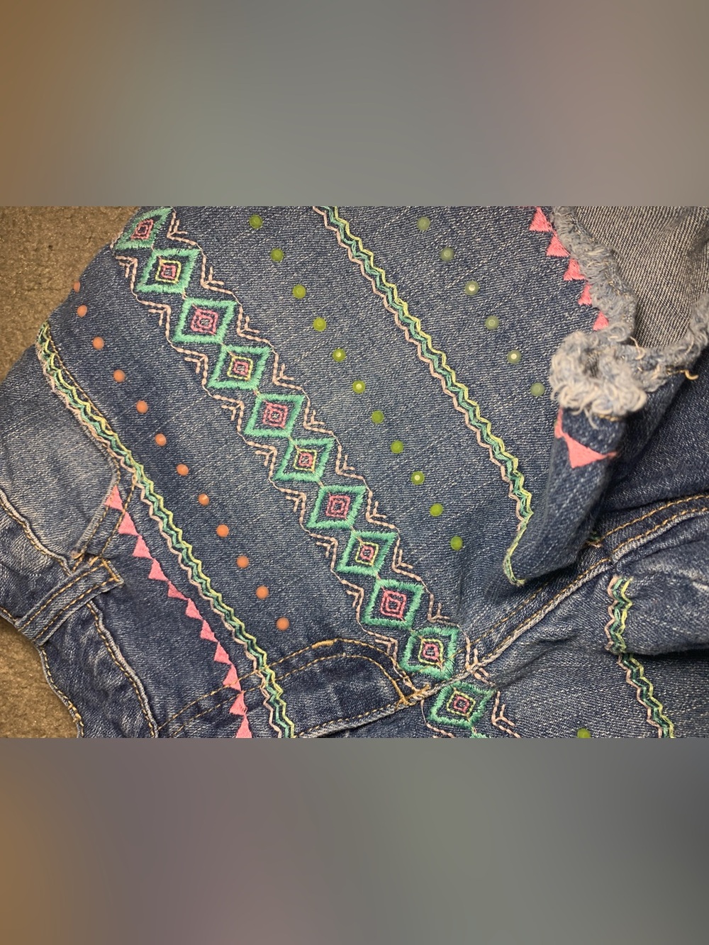(REPOST) Women’s Denim Shorts with Pink & Green Embroidered Pattern - Picture 3 of 5
